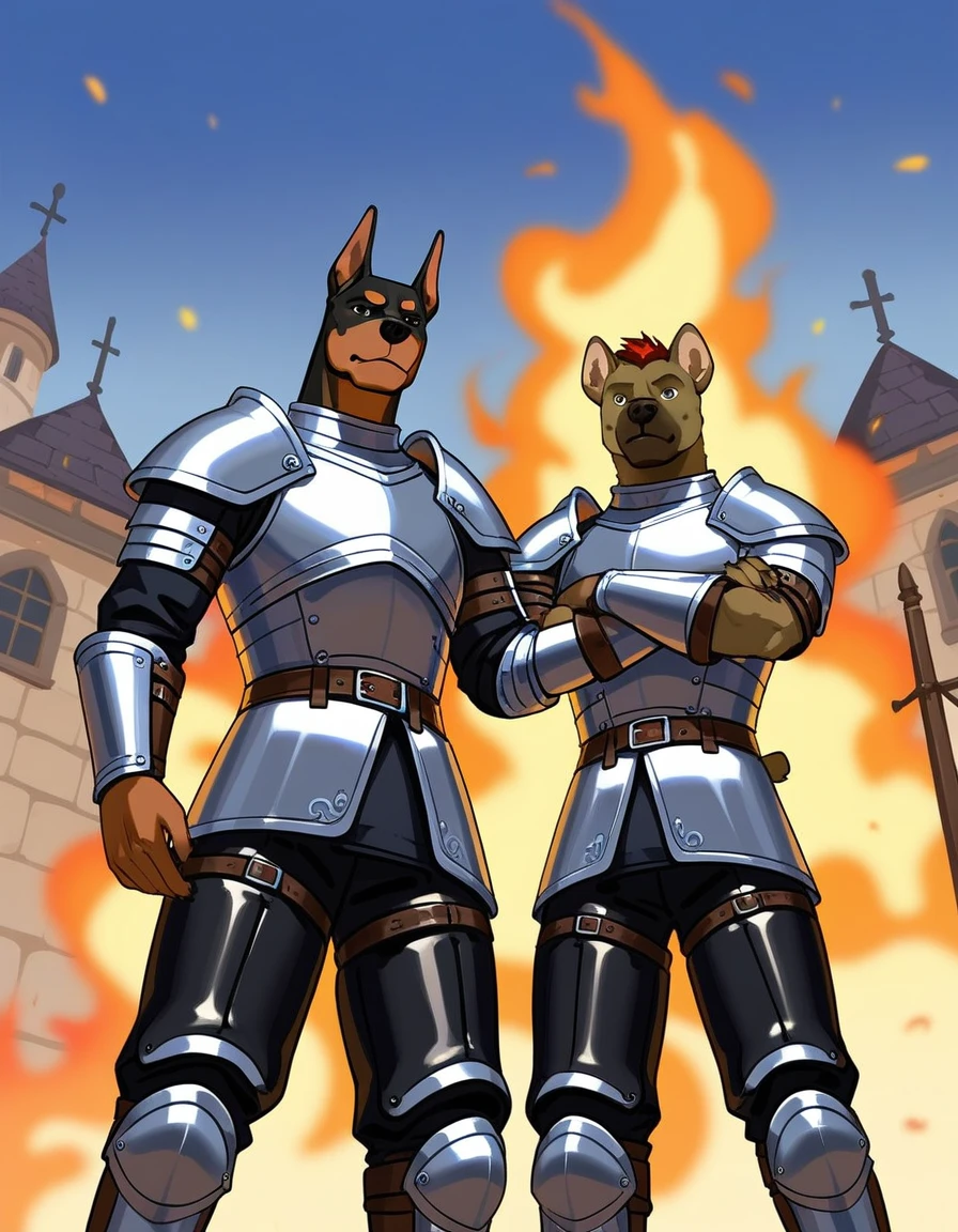 Duo, score_9,score_8_up,score_7_up, duo, an Anthro furry hyena male, and an Anthro furry Doberman male, two soldiers, male, medieval mercenaries, (black armor, black leather armor):1.4, grinning, various different species soldiers,   their eyes and faces are shrouded in shadow, they are wearing leather armor, outdoors, in a burning village, nighttime,  low angle shot, they are looking down at viewer, pov, arms crossed, faceless, their faces are shrouded in darkness, arms crossed, they are standing, grinning:1.5 deviously, evil smiles, ill intent, mysterious men