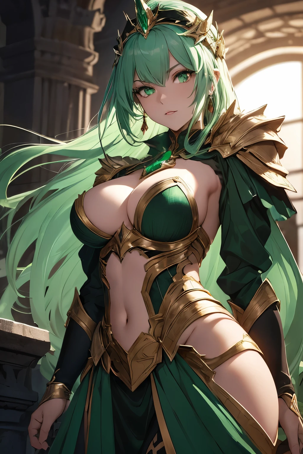 In the midst of a vibrant and dynamic world, a captivating woman with emerald green hair stands tall. She wears a heavy silver armor adorned with small, radiant red details, giving an elegant yet formidable appearance. A tiara, sparkling with gemstones, sits atop her head, adding a regal touch to her ensemble. The armor's intricate design reflects the anime style, with a perfect fit that accentuates her slender figure. A soft glow emanates from the armor, creating a dramatic contrast against the dark background, highlighting her every move. Her green eyes gleam under the moonlight, reflecting a sense of strength and determination. The overall image ex
