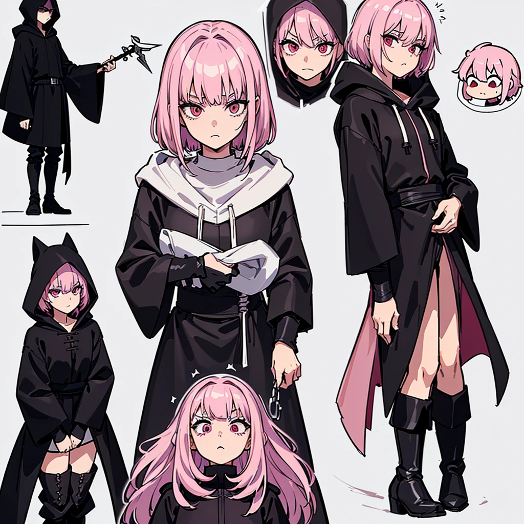 (Full body character concept、detailed character design)、(((Wearing a black hood)))、Best illustrations、Best Quality、(23 years old)、(The same face:1.1),Medieval Fantasy、Magic wand,(White Background)、(Pink Hair、Very Short Hair、Align your bangs)、(((Long sleeve、Black Robe、pants、Knee-high boots)))、Get Ready、(get annoyed、anxiety、fear),