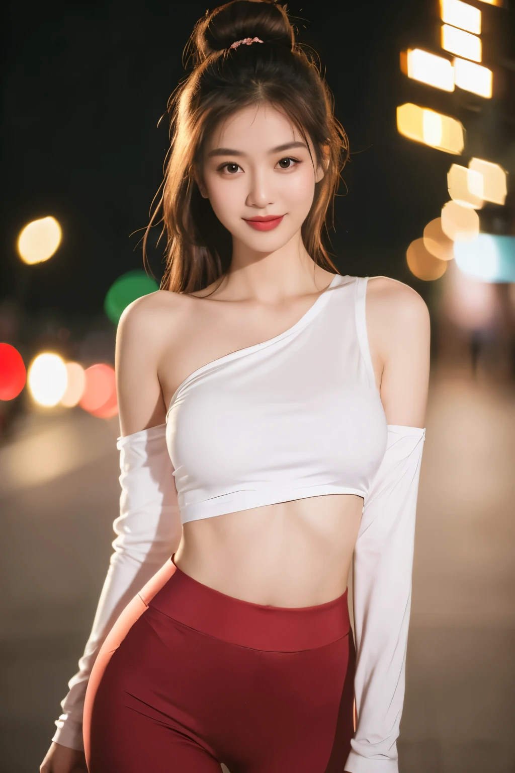 A half body photo of a skinny girl 20 y.o., NSFW, flashing, (boobs:1.1), smiling, closed eyes 
Pilates pants and fitted long-sleeve top, Dame, Short, Narrow Hips, Square Face, Dark Skin, Chestnut Hair, dark brown Eyes, Straight Nose, Thick Lips, Sharp Chin, Shoulder-Length Hair, Thick Hair, Bun, full breasts, , rose gloss lipstick,
Masterpiece, hi res, 8k, award winning, RAW photo, high quality, 35mm photograph, film grain, bokeh, professional, 4k, highly detailed, 