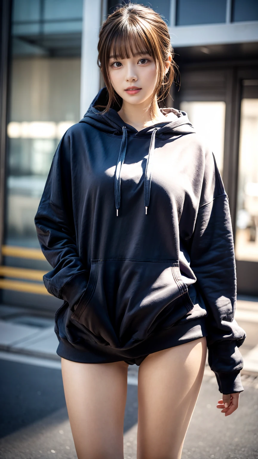 Best Quality,masutepiece,超A high resolution,of the highest quality,Realistic,Ultra Detail, in 8K, (Very oversized hoodie:1.2)thighs thighs thighs thighs、FULL BODYSHOT