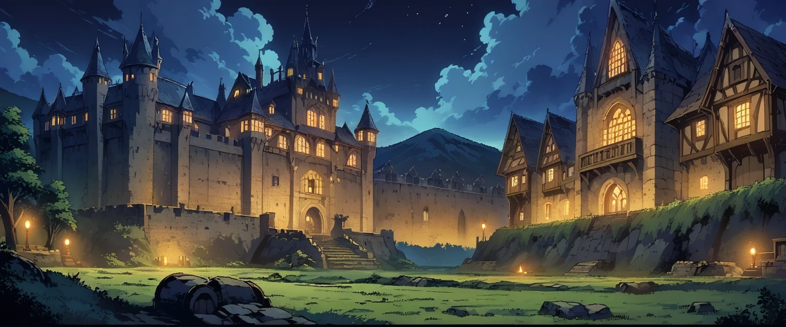 A European medieval castle on a hill,There is a moat around it,Beautiful environment。night,Night view。Mid-ground composition,Panorama pictures,Scene screen,Game concept art style,Anime illustration style,HD,4K。