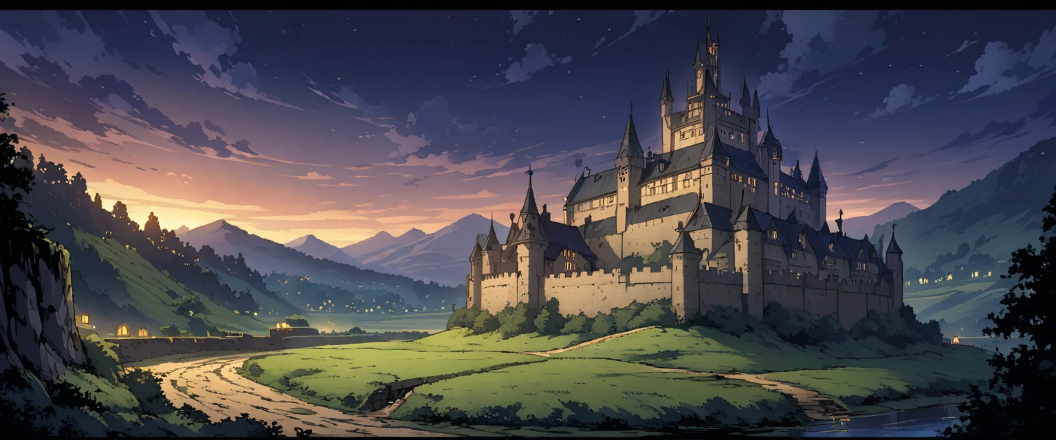 A European medieval castle on a hill,There is a moat around it,Beautiful environment。night,Night view。Mid-ground composition,Panorama pictures,Scene screen,Game concept art style,Anime illustration style,HD,4K。