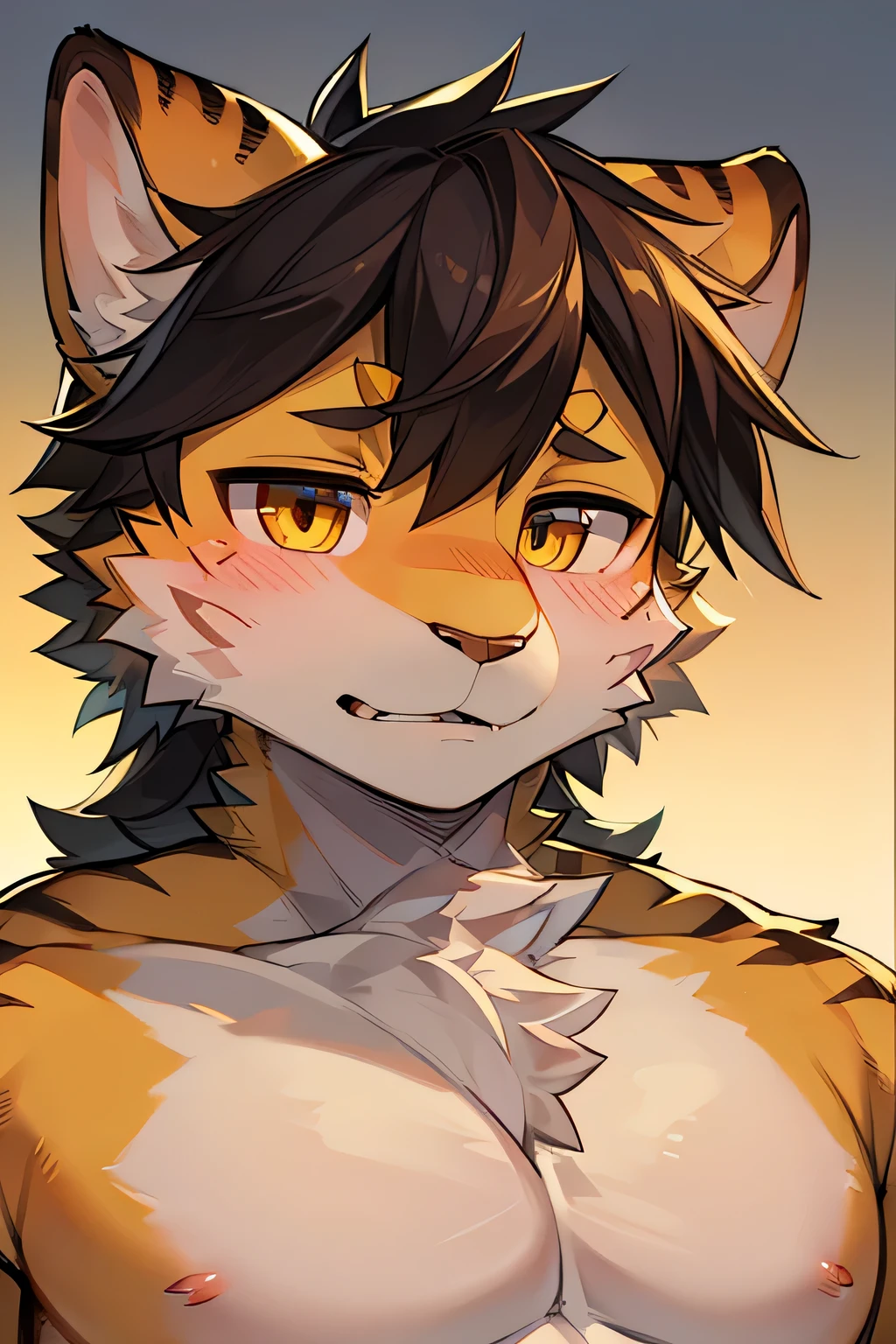 masterpiece,high quality,Perfect anatomical structure,hairy,Anthropomorphic tiger,Yellow fur,male, Rainbow Five,Color pupils,Bright Eyes,blush,naked,Delicate face,Qingshan,Close-up of face