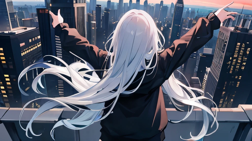8K,Highquality,1girl,Back view,Wearing a black hoodie,White long hair,Top view,night,Rooftop,Open your arms,City lights