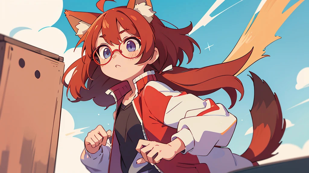 masterpice, vtuber character design based on Shizuku Hazuki from new game anime, 2D, anime girl with fox ears and tail, track jacket, cozy look and feel, red rimmed glasses, eyes #4c566a gradient to #b79f6c, cute, gray messy hair, sitting at desk, studying