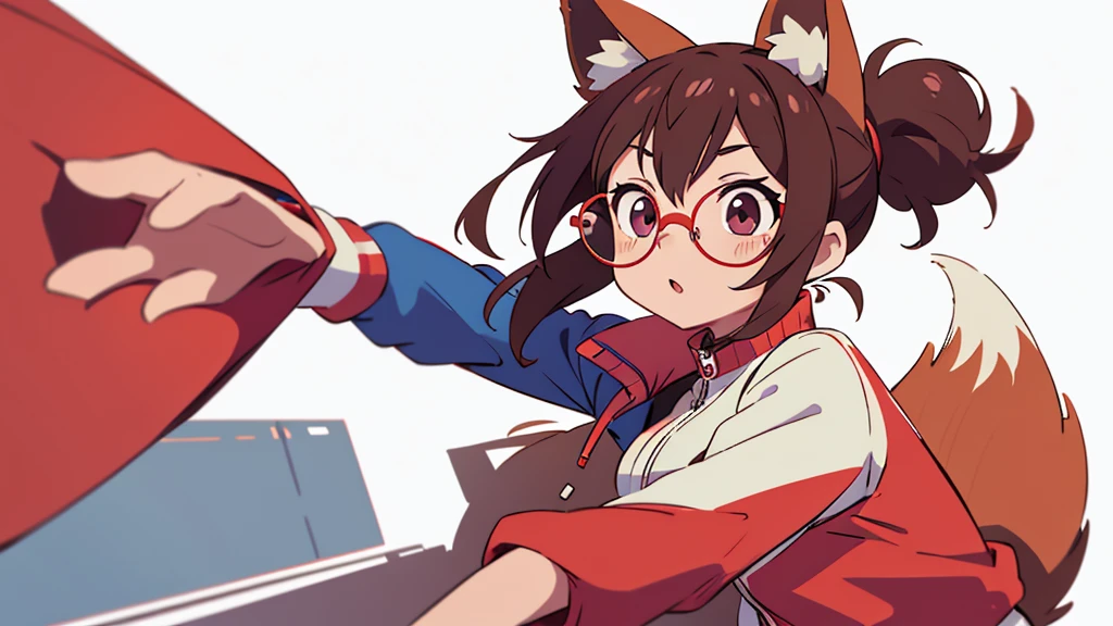 masterpice, vtuber character design based on Shizuku Hazuki from new game anime, 2D, anime girl with fox ears and tail, track jacket, cozy look and feel, red rimmed glasses, eyes #4c566a gradient to #b79f6c, cute, gray messy hair, sitting at desk, studying