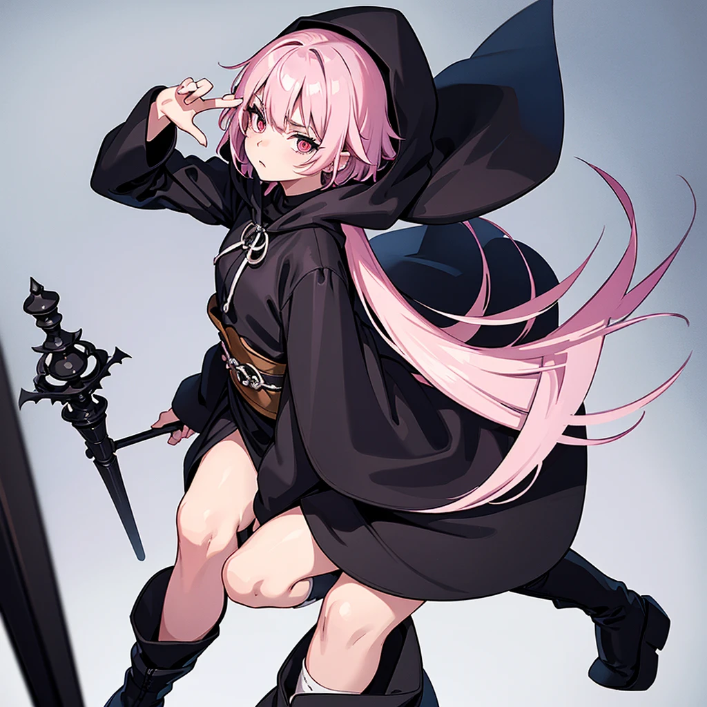 (Full body character concept、detailed character design)、(((Wearing a black hood)))、Best illustrations、Best Quality、(23 years old)、(The same face:1.1),Medieval Fantasy、Magic wand,(White Background)、(Pink Hair、Very Short Hair、Align your bangs)、(((Long sleeve、Black Robe、pants、Knee-high boots)))、Get Ready、(get annoyed、anxiety、fear)、(From above at an angle)