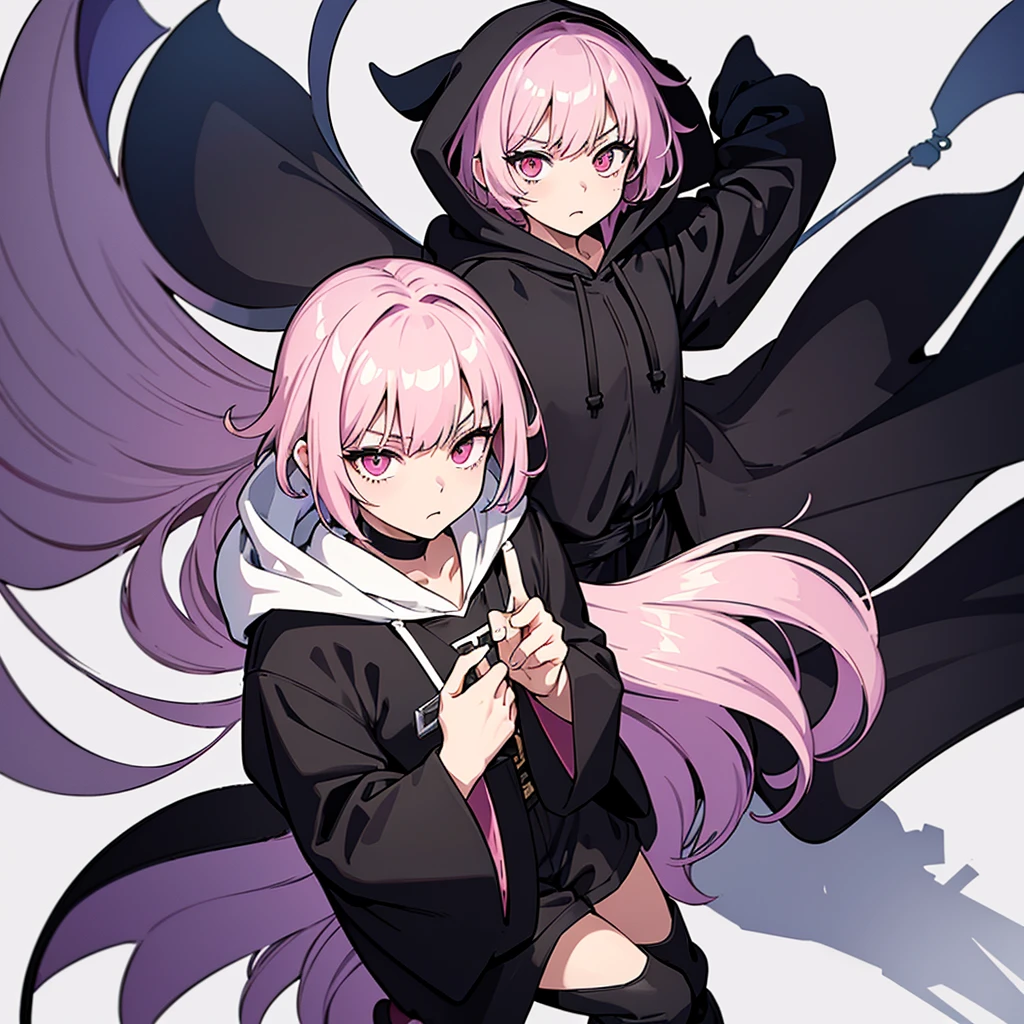 (Full body character concept、detailed character design)、(((Wearing a black hood)))、Best illustrations、Best Quality、(23 years old)、(The same face:1.1),Medieval Fantasy、Magic wand,(White Background)、(Pink Hair、Very Short Hair、Align your bangs)、(((Long sleeve、Black Robe、pants、Knee-high boots)))、Get Ready、(get annoyed、anxiety、fear)、(From above at an angle)
