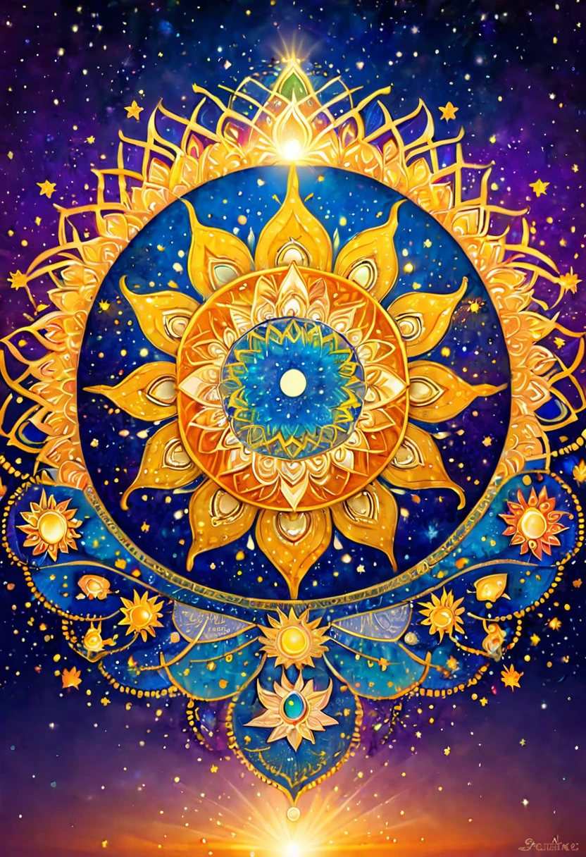 The integration of the sun and the moon, the beautiful, mystical, fine grains of light and small golden stars are tered within the large chakra mandala.