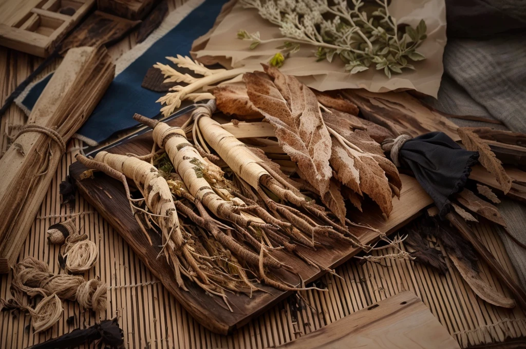 There are many different types of roots on the table, On wooden pallet, Photo showing, High detail photos, Beautiful images, herbs, "High quality product image", Folk medicine, On a dark background, Strange ingredients on the table, Very high quality, Ultra-detailed images, herb, High detail photos, exclusive, On wooden plate