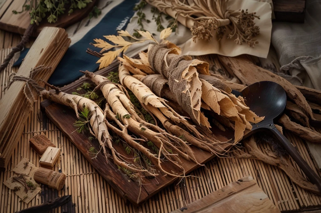 There are many different types of roots on the table, On wooden pallet, Photo showing, High detail photos, Beautiful images, herbs, "High quality product image", Folk medicine, On a dark background, Strange ingredients on the table, Very high quality, Ultra-detailed images, herb, High detail photos, exclusive, On wooden plate