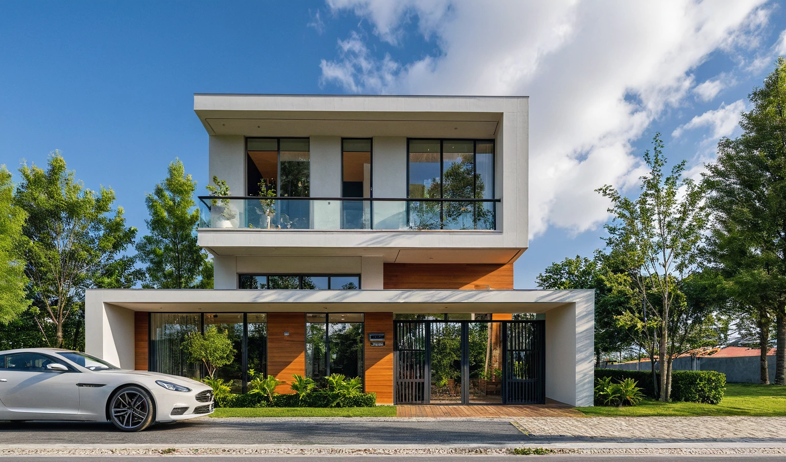 Masterpiece, high quality, best quality, authentic, super detail, outdoors, onestoreyvillaXL, aiaigroup, house style modern on the street ,stairs, white wall ,road,pavement, grass, trees, sky, cloud, (daylight:1.1)