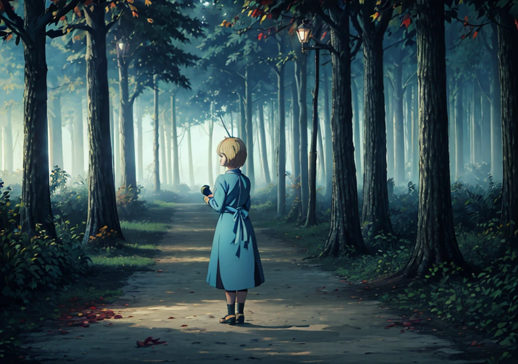 a girl with short blonde hair, in a light blue dress, from the back, holding an apple, forest, autumn, 2D, dark environment, dry leaves, lamppost next to her