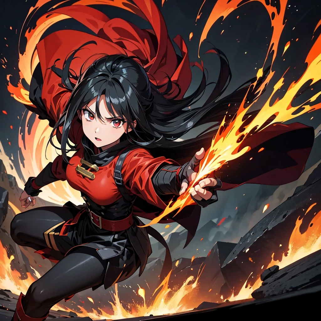 high resolution。Fire-wielding witch。He shoots fire from his hands one after another.。Battle scene。Overall red and、Black image。At a dynamic angle!