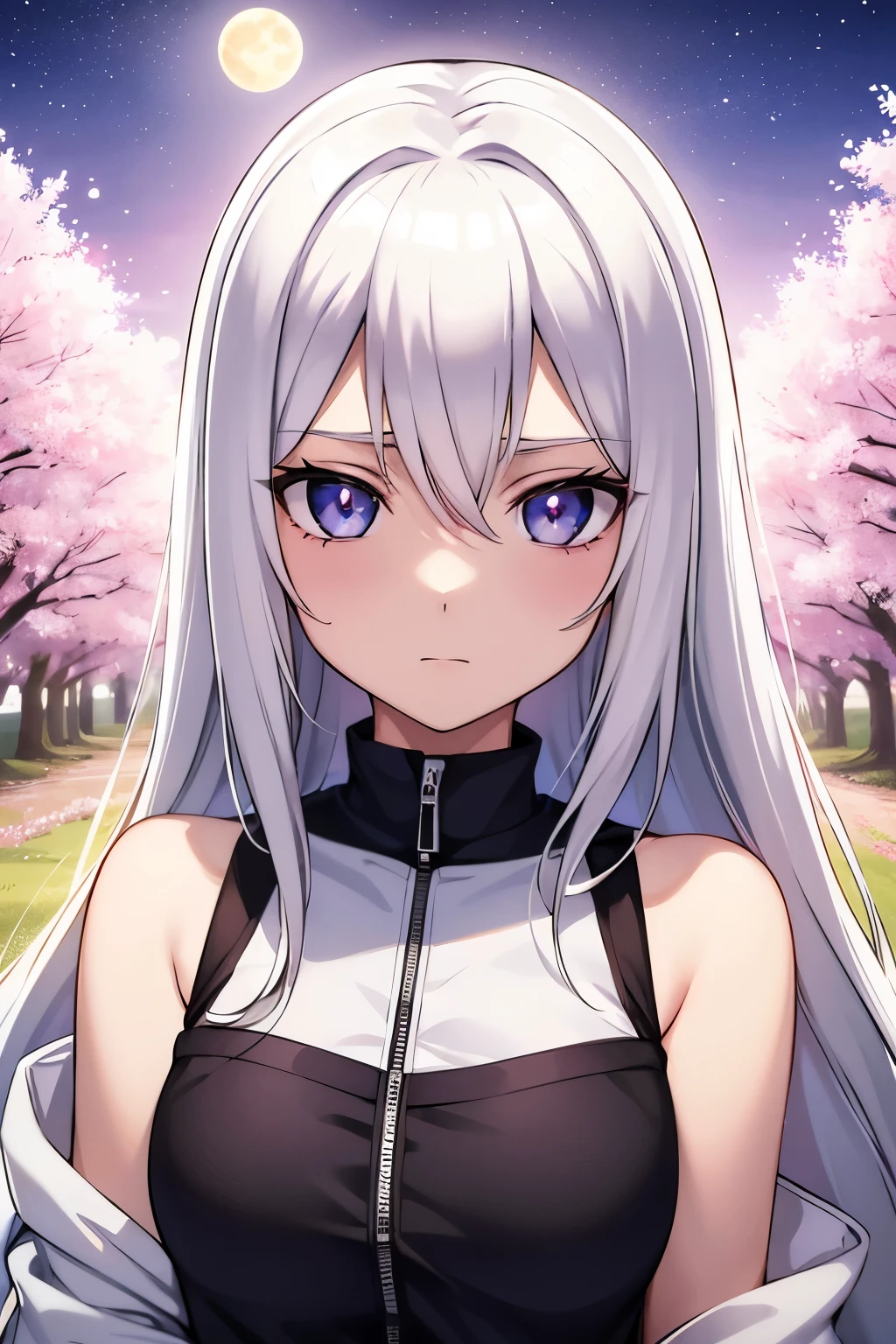 (high-quality, breathtaking),(expressive eyes, perfect face) portrait, Symmetrical Eyes, 1girl, solo, teenager age, short height, white hair, white coloured eyes, anime naruto art style, long hair, fluffy hair, feminine face, sky background, moon, open field background, stars, cherry blossom trees, hyuga, Ōtsutsuki, naruto ninja attire, neutral expression, soft smile, purple and black clothing, white trim, long sleeves, white dress, hair between eyes, bare shoulders, jacket,