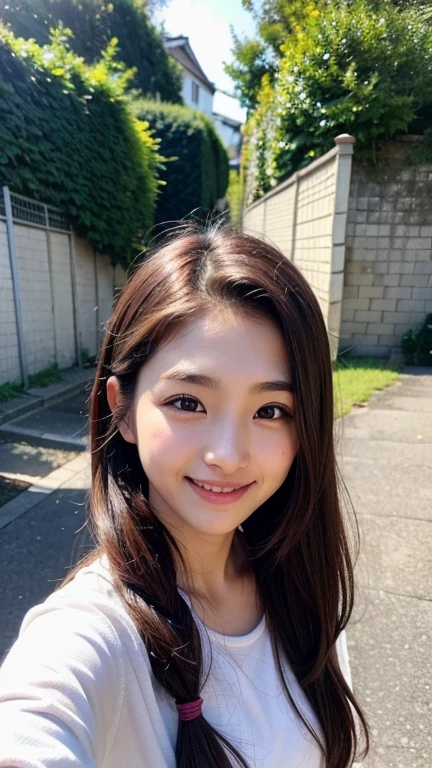 high resolution、Japanese women、cute、Small face、Long Hair、Brown Hair Color、The eyebrows are thin、Woman in her 20s、Outdoor shooting、White pajamas、A big smile、Hair tied back