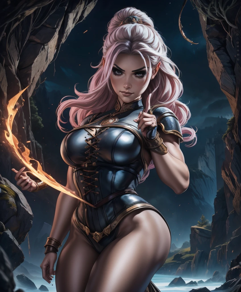 (((Single character image.))) (((1girl)))  (((18 years old.))) (((18yo.))) (((Dressed in medieval fantasy attire.))) Create a captivating and enigmatic female warrior reminiscent of glamor models Anastasia Kvitko and Louisa Khovanski. This character is renowned for her remarkable 112-63-118 figure. She exudes an air of elegance and mystery. The art style should draw inspiration from J Scott Campbell's work.
Imagine a thrilling female adventurer in a high-fantasy setting, akin to a swashbuckler. We need a single character portrait with intricate details, wearing fantasy attire. She should be adorned in leather armor and a tight corset, exuding a shadowy and athletic demeanor.
Her body is agile and toned, like that of a gymnast, and she strikes an action pose. She is clad in medieval clothing, and her arched eyebrows give her a sassy and attractive appearance. Her face is strikingly gorgeous, with a sneaky and sly expression in her evil glare.
Her hair is both very sexy and alluring, cascading in intricate waves. She possesses firm breasts and an air of arrogance. Her body is beautifully detailed and realistic.
The artwork should be hyper-detailed and worthy of trending on platforms like ArtStation. This is a character portrait designed for use in Dungeons & Dragons, Pathfinder, Skyrim, Lord of the Rings, Game of Thrones, or similar high-fantasy settings. Please ensure the image is centered and presented in ultra HD quality, possibly 8k resolution, with an epic masterpiece level of detail.


