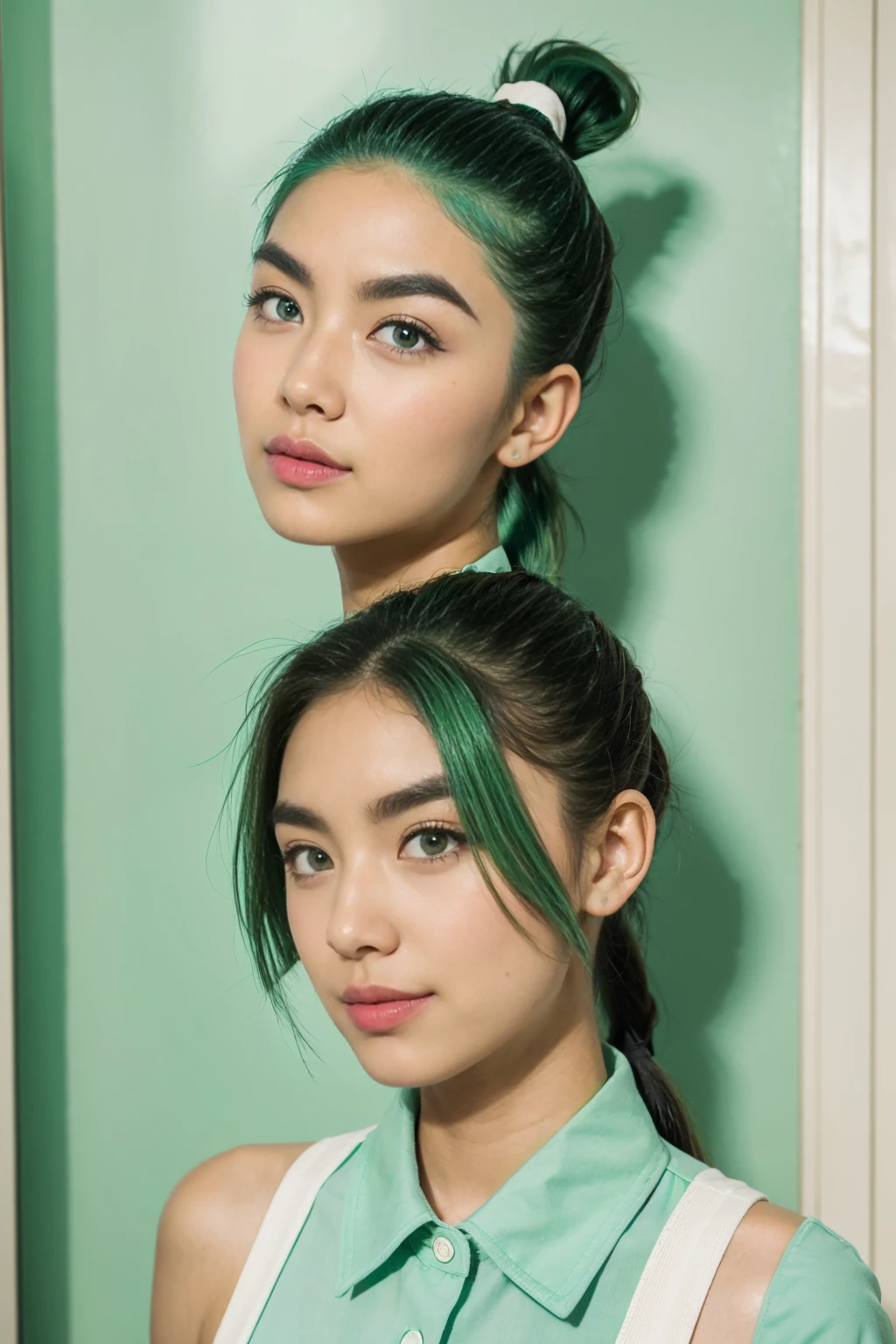 a front portrait photography from the shoulders up, of a beautiful white asian 21 years old model, smiling watching the camera, ((mint green medium hair with ponytail:1.5)), ((mint green eyebrows:1.5)), ((mint green eyes:1.5)), slightly slanted eyes, front white studio lighting, seeing all her factions, at her bathroom, ready to skincare, --style RAW, --C 850,  --style Nikon D5 