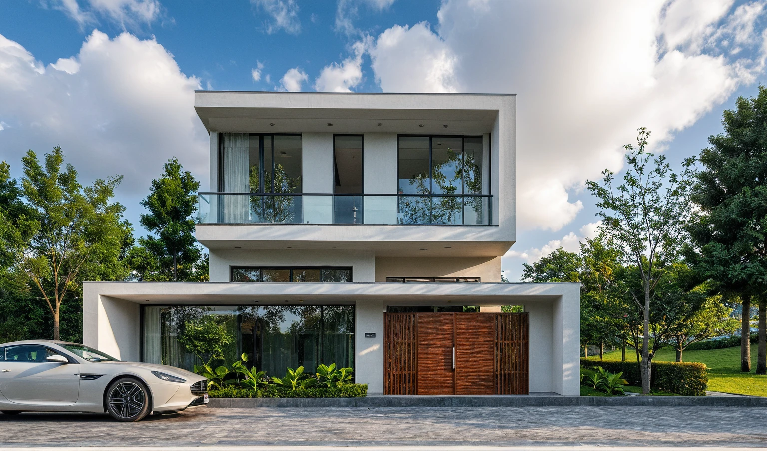 Masterpiece, high quality, best quality, authentic, super detail, outdoors, onestoreyvillaXL, aiaigroup, house style modern on the street ,stairs, white wall ,road,pavement, grass, trees, sky, cloud, (daylight:1.1)