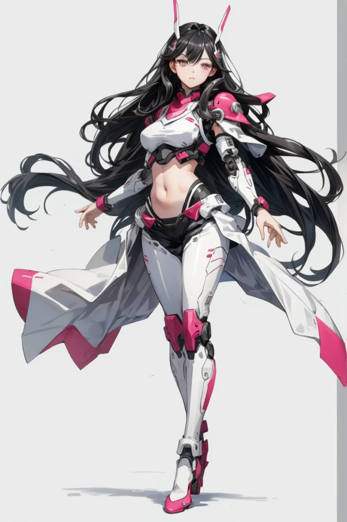best quality, simple Details, 1 girl, Long hair, black hair, pinke Highlights, White eyes, simple background, full body, Belly-free,