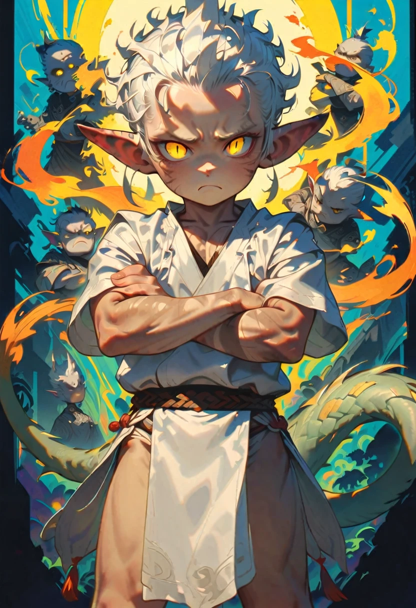 style 9, 1 man, gray-skinned, scarred, black eyes with yellow pupil, pointed ears, long white hair shaved on one side, pointed tail, wearing loincloth, frowning with arms crossed
