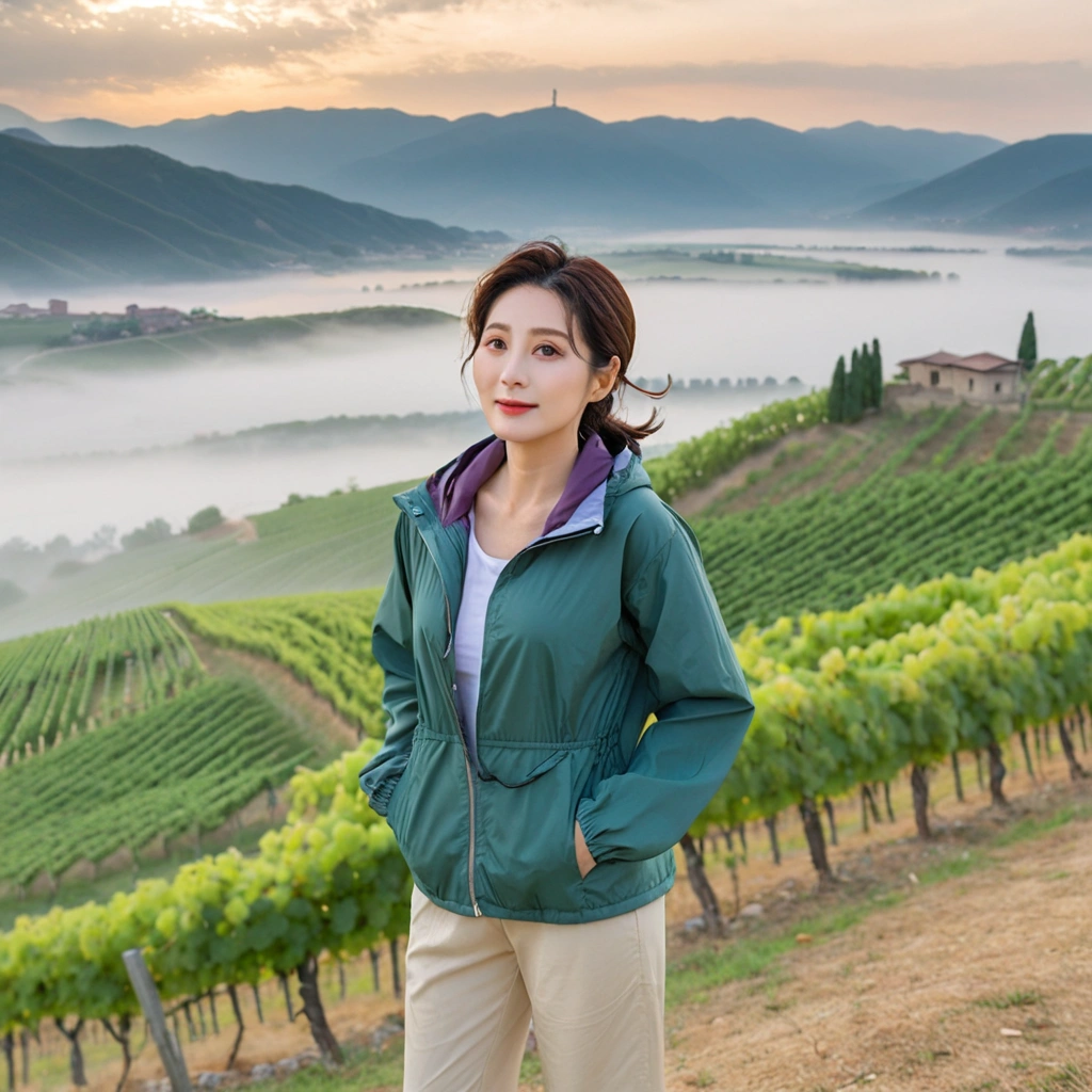 8k best picture quality, Beautiful 36-year-old Korean woman, You have good skin and big and pretty eyes.... Chest size 34 inches, italian countryside, Passing the grapevine, A river can be seen in the distance through thick fog...., The background is realistic and vivid quality...., Short and medium hair blowing in the wind, Wear a high-end, luxury windbreaker over your t-shirt.. beige casual pants, i am smiling. Standing on a hill overlooking a misty vineyard. the background is clear, Short and slim Korean woman, stand far away, Full body photo taken with Canon Mark 5 camera 16-35 wide angle lens, A woman with big and pretty eyes, eyes are round and big. Taken while standing on a hill overlooking the river