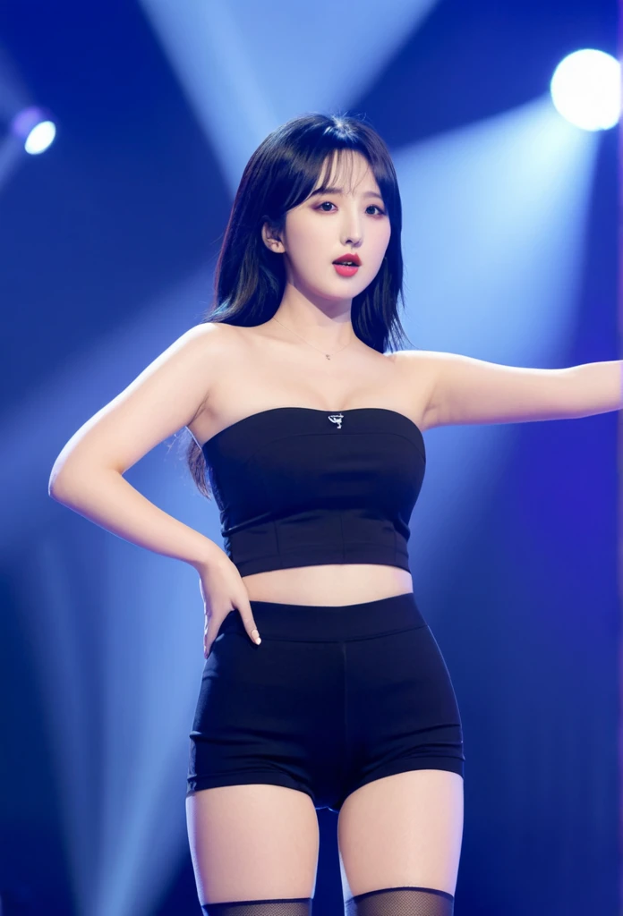 close-up of beautiful South Korean, Eunha is a VIVIZ South Korean pop girl group, age 27 years old girl, youthful face, perfect body, white body skin, very rapunzel long hair, standard black hair, straight hair, 32 inches breasts size, wearing a plain standard dark blue strapless tube top, wearing a tight plain dark black mini short leggings, Eunha holding breasts with her own two hands is very sexy and sigh, Eunha squeezes the breasts very seductively, Eunha lowered her strapless tube top a little bit, Eunha does dance moves very sighing and seductive, the dance that Eunha does is very sexy and seductive, ((Eunha performed a very sexy and seductive dance in front of the audience)), ((Eunha gets horny when doing a seductive dance)), sexy looking pose, pose a naughty look, pose looks seductive, at the concert stage area place, concert stage area place background, UHD