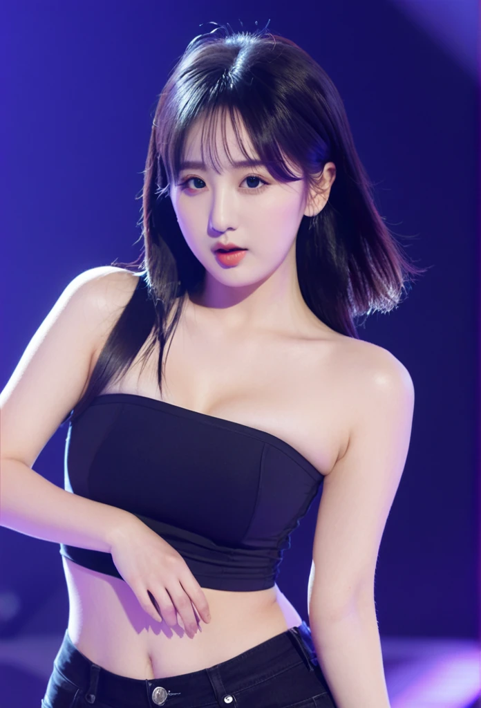 close-up of beautiful South Korean, Eunha is a VIVIZ South Korean pop girl group, age 27 years old girl, youthful face, perfect body, white body skin, very rapunzel long hair, standard black hair, straight hair, 32 inches breasts size, wearing a plain standard dark blue strapless tube top, wearing a tight plain dark black mini short leggings, Eunha holding breasts with her own two hands is very sexy and sigh, Eunha squeezes the breasts very seductively, Eunha lowered her strapless tube top a little bit, Eunha does dance moves very sighing and seductive, the dance that Eunha does is very sexy and seductive, ((Eunha performed a very sexy and seductive dance in front of the audience)), ((Eunha gets horny when doing a seductive dance)), sexy looking pose, pose a naughty look, pose looks seductive, at the concert stage area place, concert stage area place background, UHD