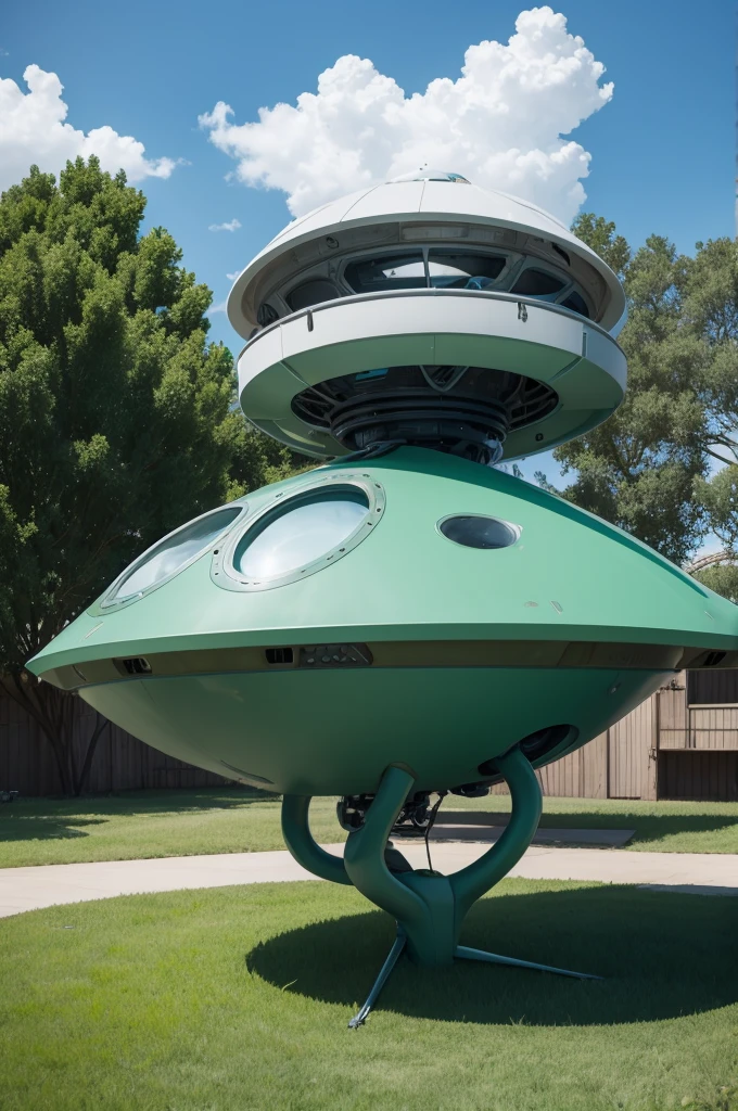 an alien spaceship parked in a backyard rick and morty cartoon style