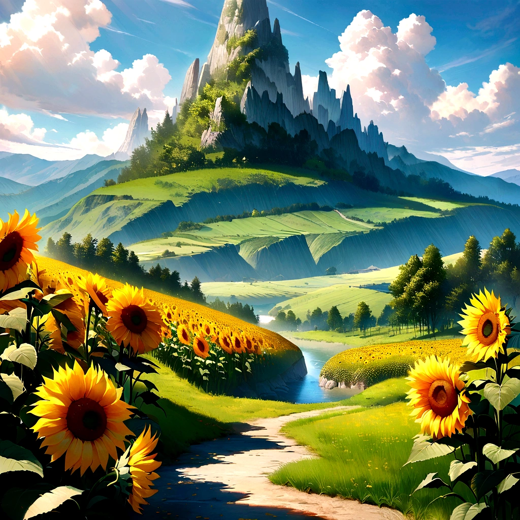 Realistic, exquisitely detailed oil painting in the style of Studio Ghibli and Hayao Miyazaki's magnificent world. Sunflowers in full bloom dot the landscape, their vibrant yellow petals contrasting against the rich greens of the mountains and the serene, blue river below. Rolling hills and towering, jagged mountains touch the sky, where white, fluffy clouds lazily drift. The warm sunlight filters through the foliage, casting dappled shadows across the terrain, bringing the scene to life with a breathtaking sense of depth and realism.