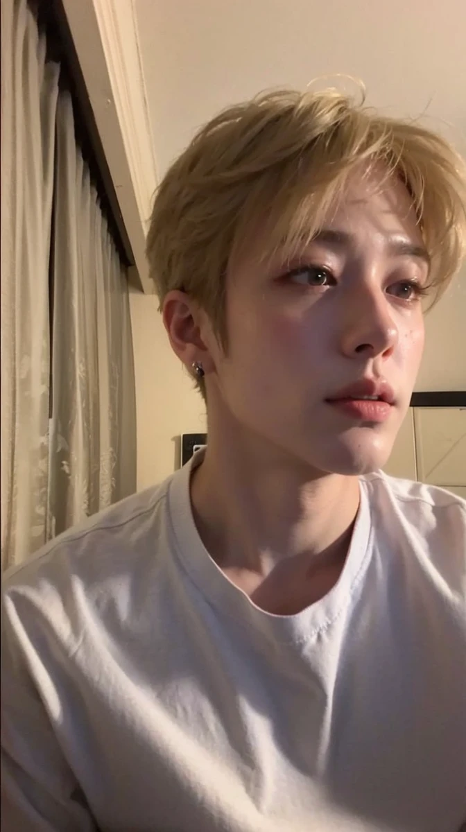 edgy bangchan with a messy haircut, seated in a chair, profile picture with headshot, perfect face and boy, 25 years old his hair is messy and wild, beautiful face, perfect beautiful face, beautiful chad chin, beautiful young man