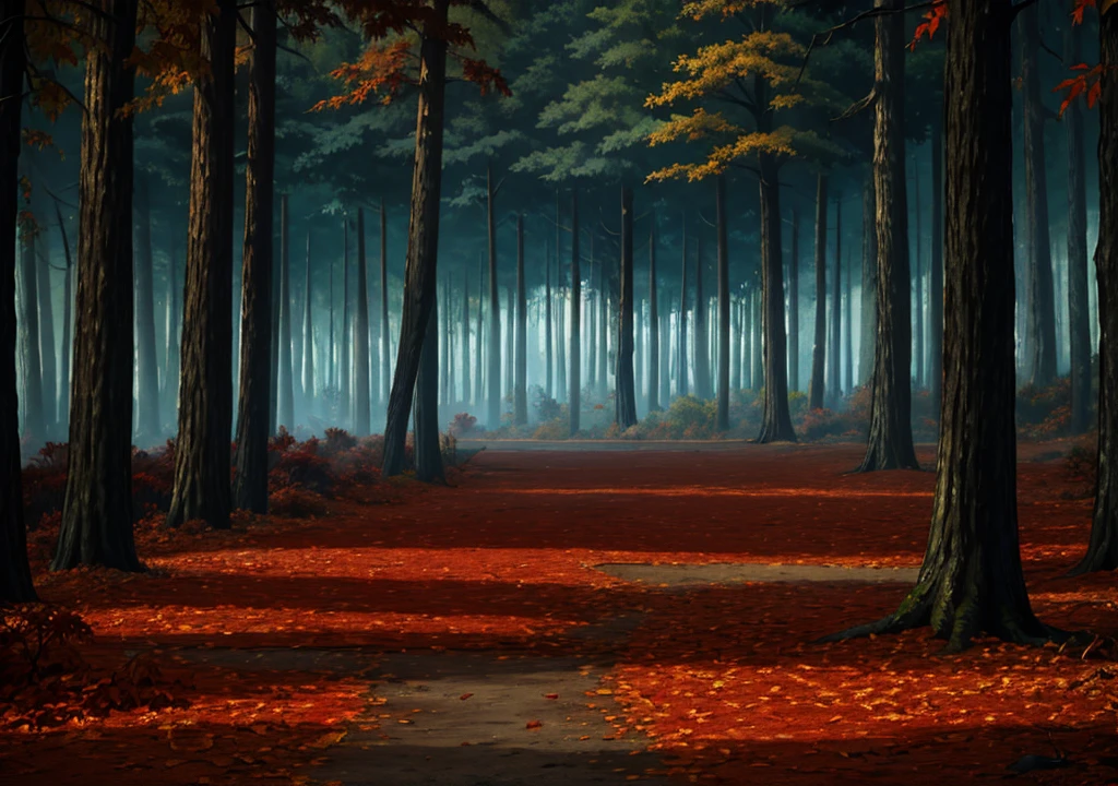 forest, autumn, 2D, dark environment, dry leaves,