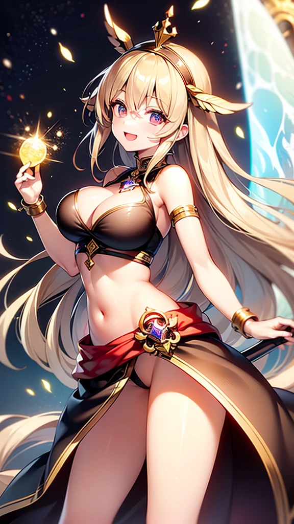 ((Highest quality、、masterpiece:1.3)), Upper Body、Long legs、Sharp focus:1.2, Beautiful woman with perfect figure:1.4、((Big Breasts:1.2)), (Big Breasts、Soft looking big ass、Feminine body 、Smiling:1.2), Face and skin texture crafted to the smallest detail、Fine-grained、double eyelid、25-year-old female、sexly、Cosplay、Isekai background、Fantasy、A world of swords and magic
