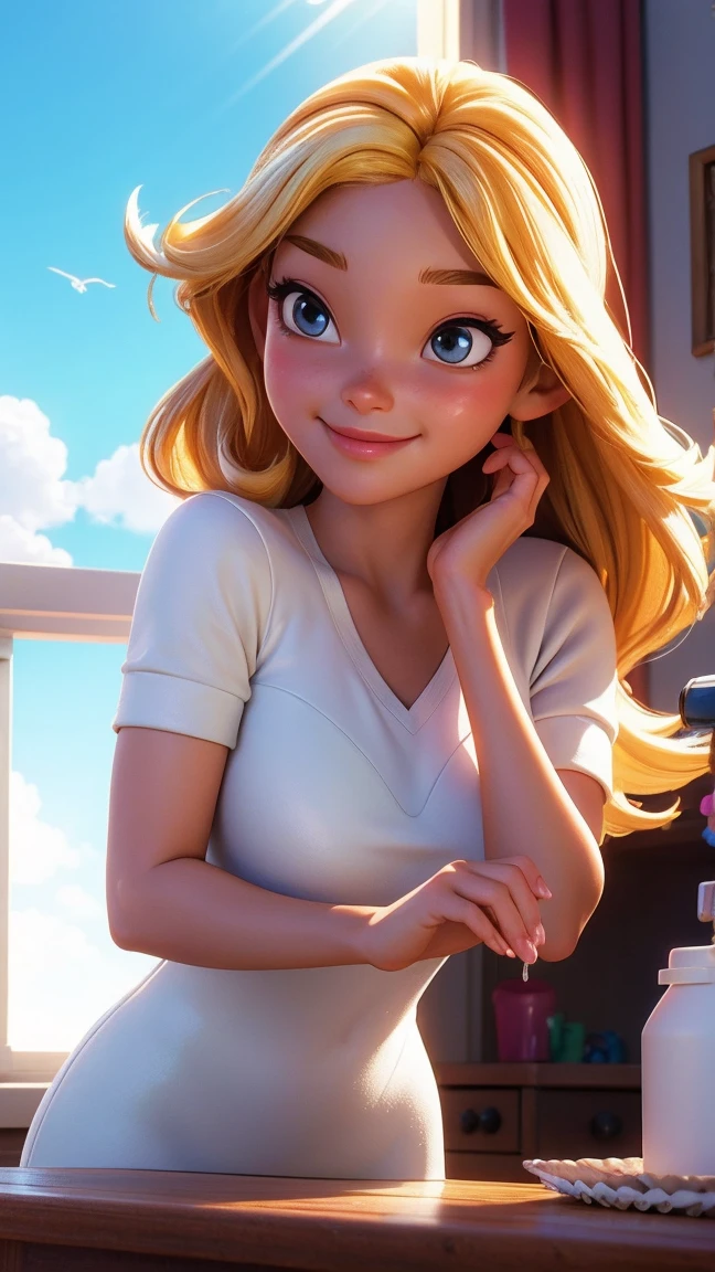 A 3D Disney-style illustration of a woman in a summer outfit applying lotion to her face. The setting is bright and cheerful, with sunlight streaming in through a window. The woman looks relaxed and content as she applies the lotion. The background includes elements like a dresser with skincare products and a potted plant, giving a fresh and summery feel. The characters are friendly and animated, making it easy for children to understand the concept of after-sun care.）（Apply lotion to your arms）Toner bottle
