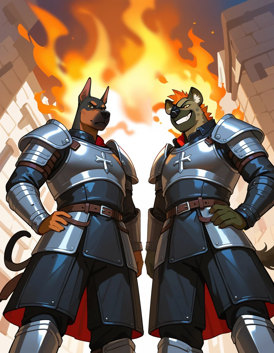 Duo, score_9,score_8_up,score_7_up, an Anthro furry male hyena, wearing eyepatch, grinning, evil grin, hyena tail, blend in with character, standing in a destroyed village on fire in the background 