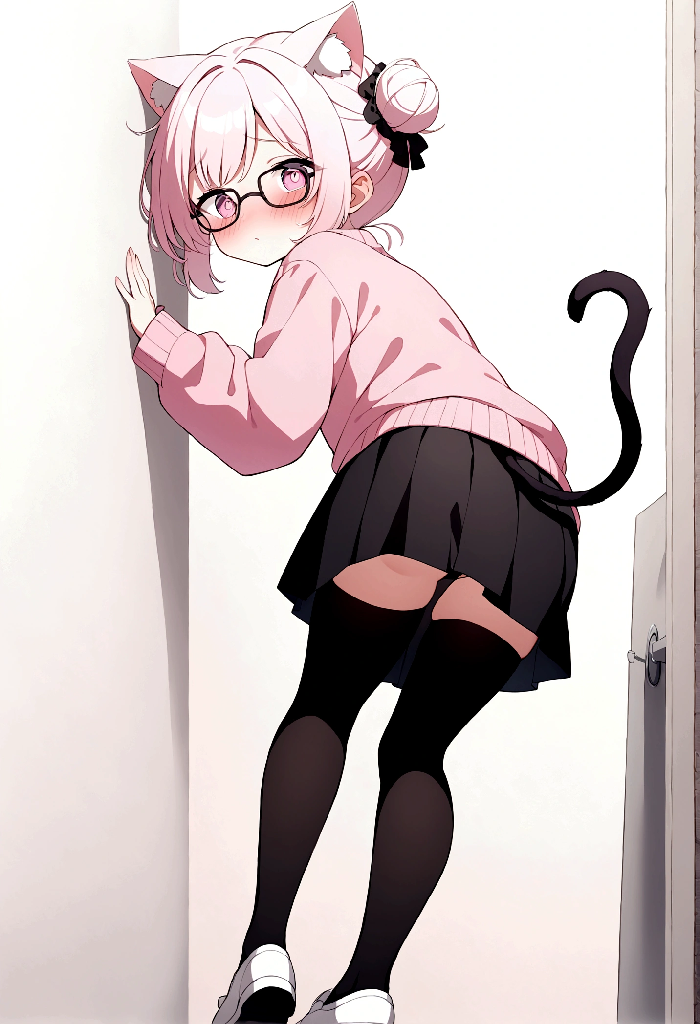 I have white pink hair, cat ears, a bun, my face is super blushing, black glasses, pink heart eyes, a big pink sweatshirt, a black skirt, black stockings, white shoes, a cat&#39;s tail, a girl. very shy that she is glued to a wall with her butt