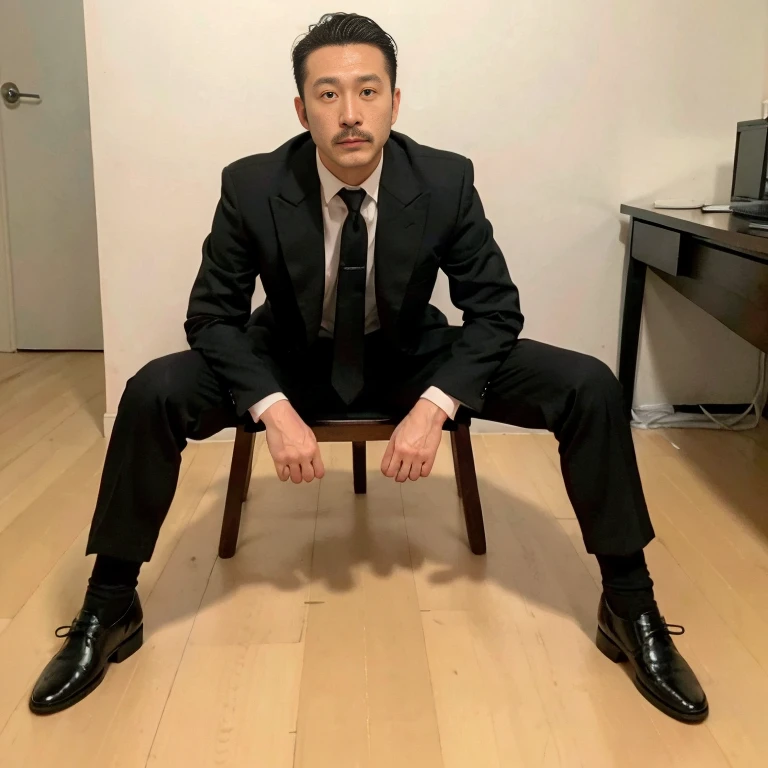 40 years old，Hidetoshi Nakata，（Kogoro Mori 1.3），male，Topless，（Black socks:1.2），Densely hairy，Bright，Raised，Fortitude，office，Suit，whole body，Fortitude，HD，With a mustache，