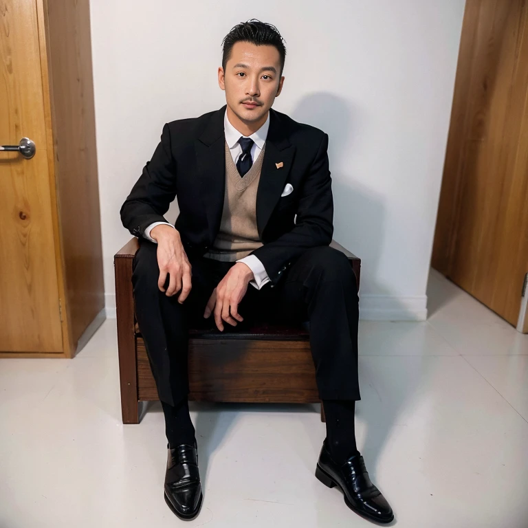 40 years old，Hidetoshi Nakata，（Kogoro Mori 1.3），male，Topless，（Black socks:1.2），Densely hairy，Bright，Raised，Fortitude，office，Suit，whole body，Fortitude，HD，With a mustache，