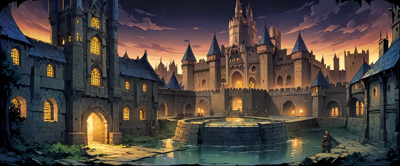 A castle(Royal Palaces of Medieval Europe)，The castle is surrounded by a moat，There are soldiers guarding both sides of the city gate.，Background is night，Night view。Mid-ground composition，Panorama pictures，Scene screen，Game concept art style，Anime illustration style，HD，4K。
