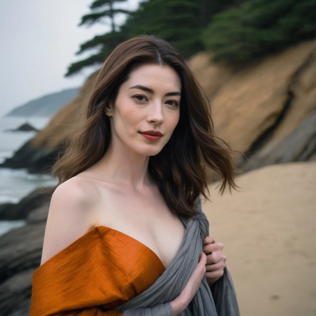 Upper body of a beautiful face Korean girls on ‘cliff’ still from the film, ((solo)), (Anne Hathaway look alike face: 0.9), in the style of foggy valley, confidence smile, fighting practice photography, tangerine and fossil grey, burne-jones, photorealistic urban scenes, luminosity of water, Leica SL3, Summicron-SL 75 f/2 ASPH, MyHeart 200 film, bare shoulder, monk cloth, dynamic action pose,