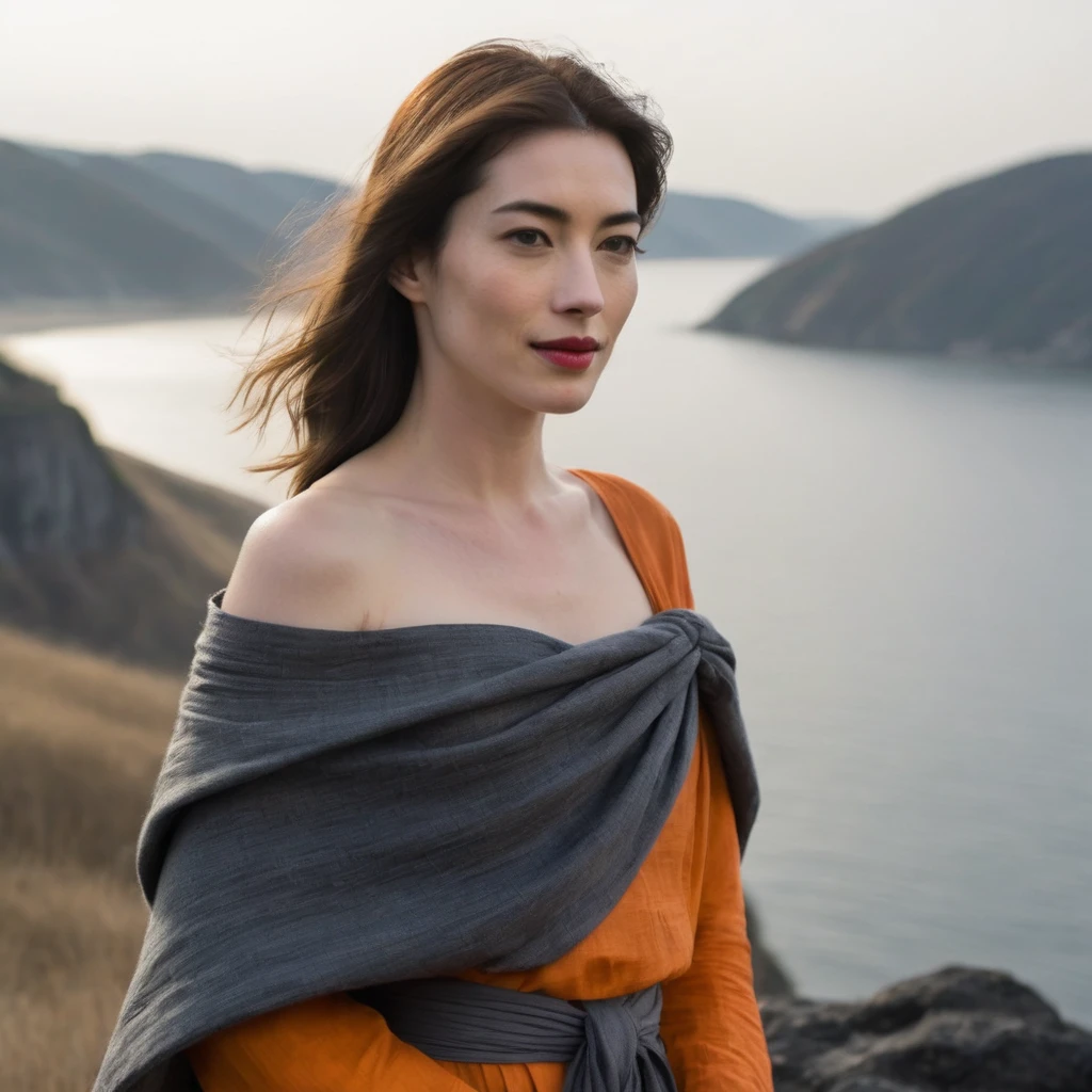 Upper body of a beautiful face Korean girls on ‘cliff’ still from the film, ((solo)), (Anne Hathaway look alike face: 0.9), in the style of foggy valley, confidence smile, fighting practice photography, tangerine and fossil grey, burne-jones, photorealistic urban scenes, luminosity of water, Leica SL3, Summicron-SL 75 f/2 ASPH, MyHeart 200 film, bare shoulder, monk cloth, dynamic action pose,
