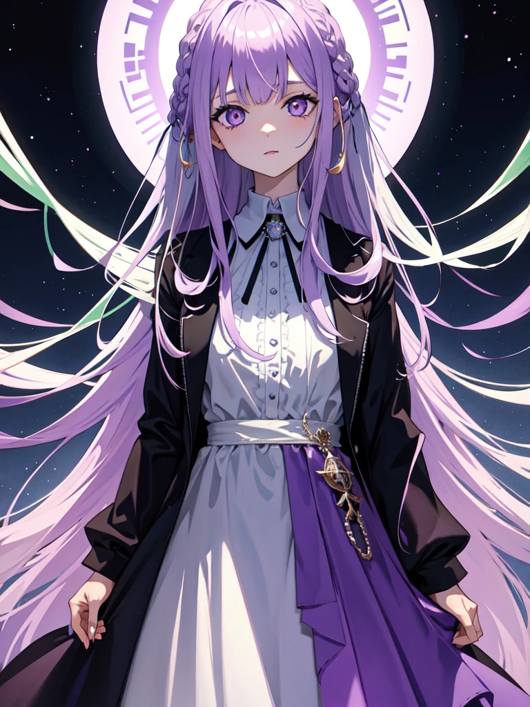 Full bangs, Gradient braided hair, (Light purple hair), (Ink blotches:1.1), (pale:1.2),(Light purple:1.2),(Light green:1.2)　and full body, Artistic elements add depth to the work. The overall atmosphere is creepy and nightmarish..., With a unique artistic touch. This movie is、The dark and crazy world of horror movies depicted in HD., Evoke visual stimuli and aesthetic sense, It will terrify and excite the audience....,watercolor画, （Lightless, Eyes without highlights, Evil Eye, A bad looking person with white eyes, It&#39;s a red eyeliner）,whole body絵, Wearing a maid outfit and （Mature face,tall, Wearing black tights,Green Eyes, The skin is hidden　and maid, The background is a dark and desolate landscape, Horror movie atmosphere. Her figure is extremely beautiful, Emphasizing the dark and crazy elements. Skillfully expressing the effects of light and shadow, detailed, The face and expression of the black costume are also carefully drawn...,sketch (Character design sheet, same characters, whole body, Three-View, front, ~ ~ ~ side, return) and 1 female, Nervous,Cowboy Shot,,(Very bright:1.1), White Background, [1 Girl:7], (Tilt your head:1.2), ([sketch|watercolor \(Moderate\)]:1.15),Chaotic Abstract