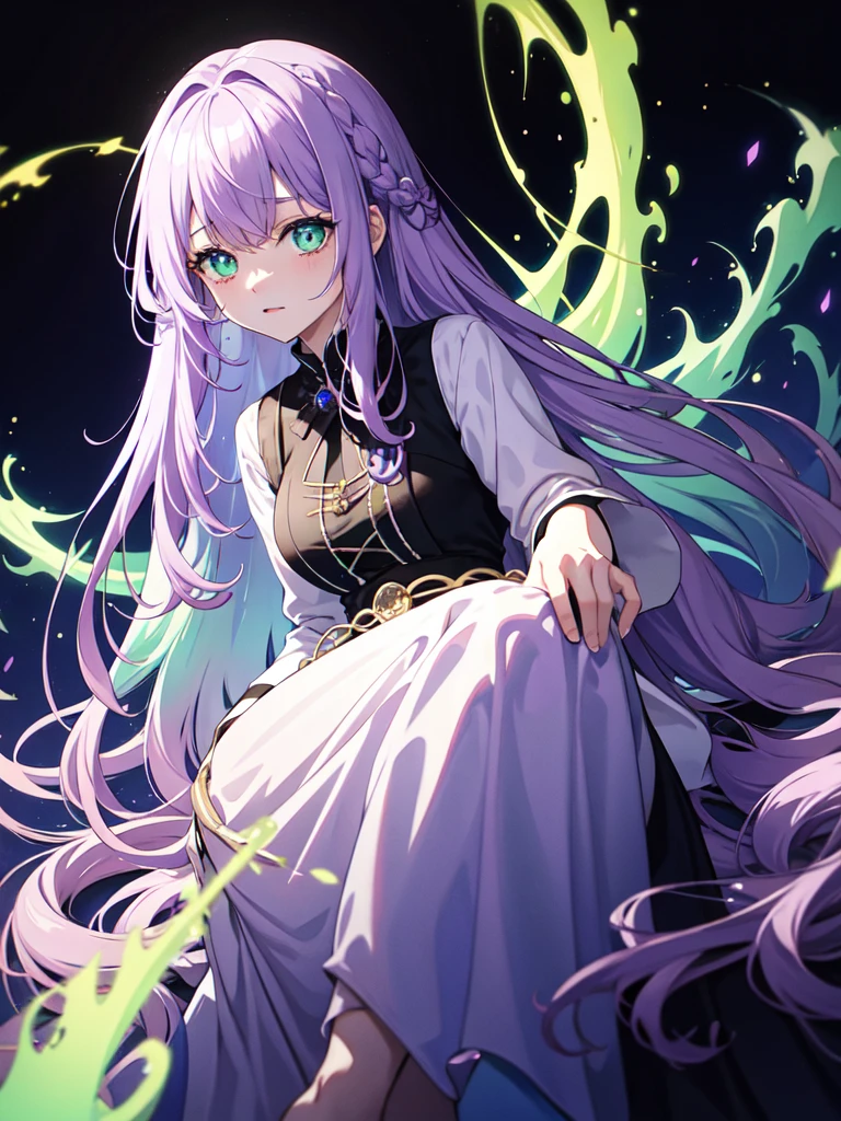 Full bangs, Gradient braided hair, (Light purple hair), (Ink blotches:1.1), (pale:1.2),(Light purple:1.2),(Light green:1.2)　and full body, Artistic elements add depth to the work. The overall atmosphere is creepy and nightmarish..., With a unique artistic touch. This movie is、The dark and crazy world of horror movies depicted in HD., Evoke visual stimuli and aesthetic sense, It will terrify and excite the audience....,watercolor画, （Lightless, Eyes without highlights, Evil Eye, A bad looking person with white eyes, It&#39;s a red eyeliner）,whole body絵, Wearing a maid outfit and （Mature face,tall, Wearing black tights,Green Eyes, The skin is hidden　and maid, The background is a dark and desolate landscape, Horror movie atmosphere. Her figure is extremely beautiful, Emphasizing the dark and crazy elements. Skillfully expressing the effects of light and shadow, detailed, The face and expression of the black costume are also carefully drawn...,sketch (Character design sheet, same characters, whole body, Three-View, front, ~ ~ ~ side, return) and 1 female, Nervous,Cowboy Shot,,(Very bright:1.1), White Background, [1 Girl:7], (Tilt your head:1.2), ([sketch|watercolor \(Moderate\)]:1.15),Chaotic Abstract