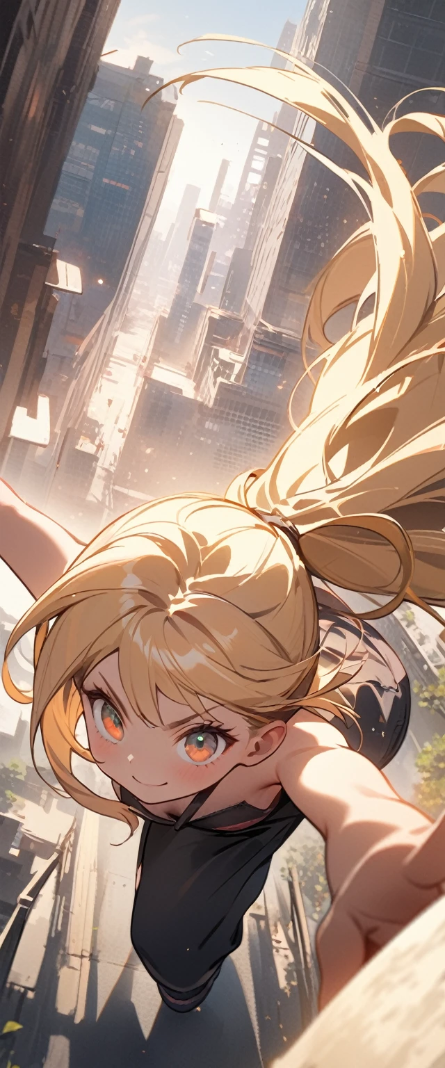 quality\(8k,wallpaper of extremely detailed CG unit, ​masterpiece,hight resolution,top-quality,top-quality real texture skin,hyper realisitic,increase the resolution,RAW photos,best qualtiy,highly detailed,the wallpaper,cinematic lighting,ray trace,golden ratio\), BREAK ,solo,1 Japanese girl\(ponytail hair, long hair,blonde, floating hair, beautiful eyes, big eyes, bikini top, skimpy shorts, trekking boots, smiling,wearing baseball cap, (parkour:1.5), running at the handrail of the skyscraper, muscular,\), BREAK , from above, ground looks far away, beautiful view, horrible view,(dynamic pose:1.4), (dynamic angle:1.4), cityscape, daytime, long shot
