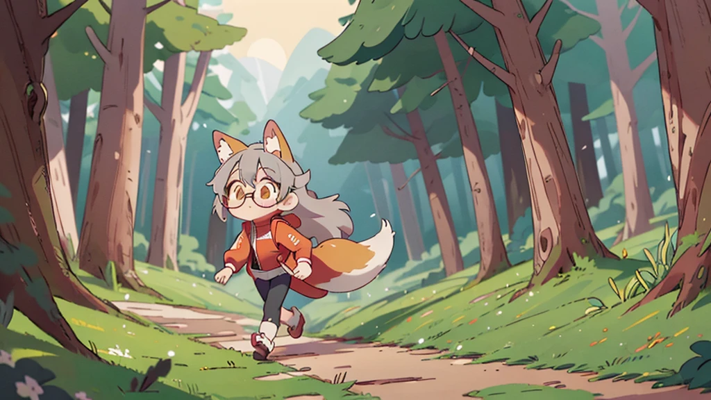 masterpice, 2D, anime girl with fox ears and tail, track jacket, red rimmed glasses, eyes yellow, cute, gray hair, walking in the woods