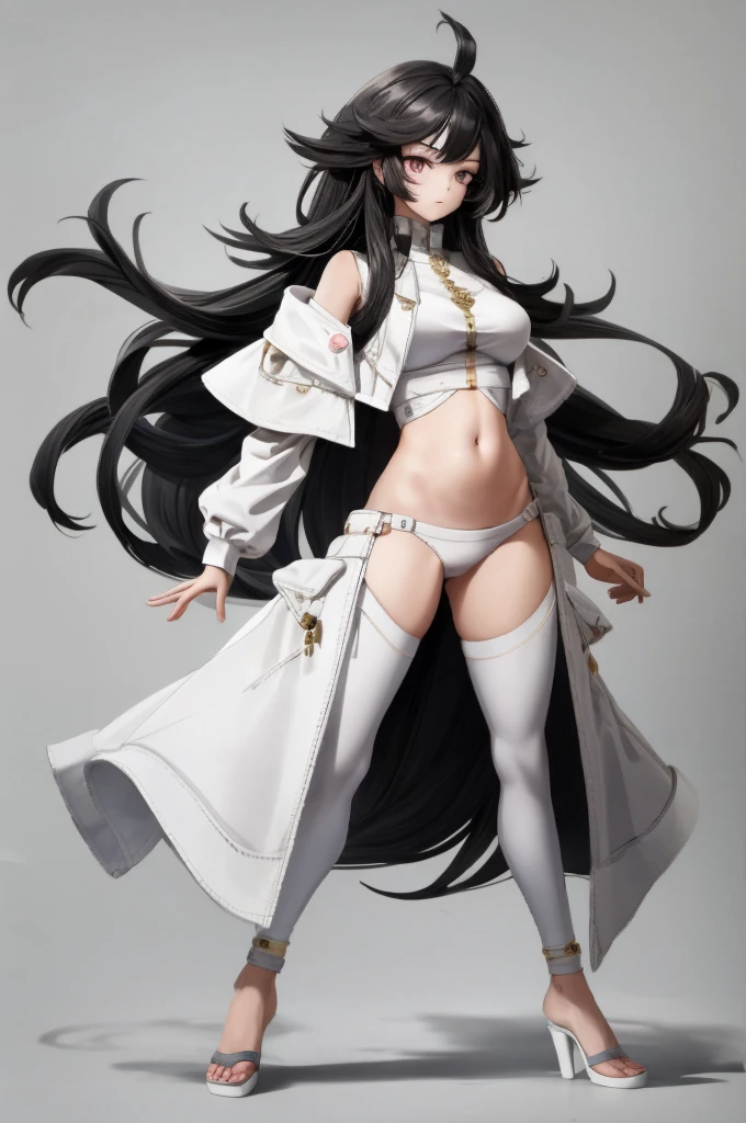best quality, simple Details, 1 girl, Long hair, black hair, pinke Highlights, White eyes, simple background, full body, Belly-free,