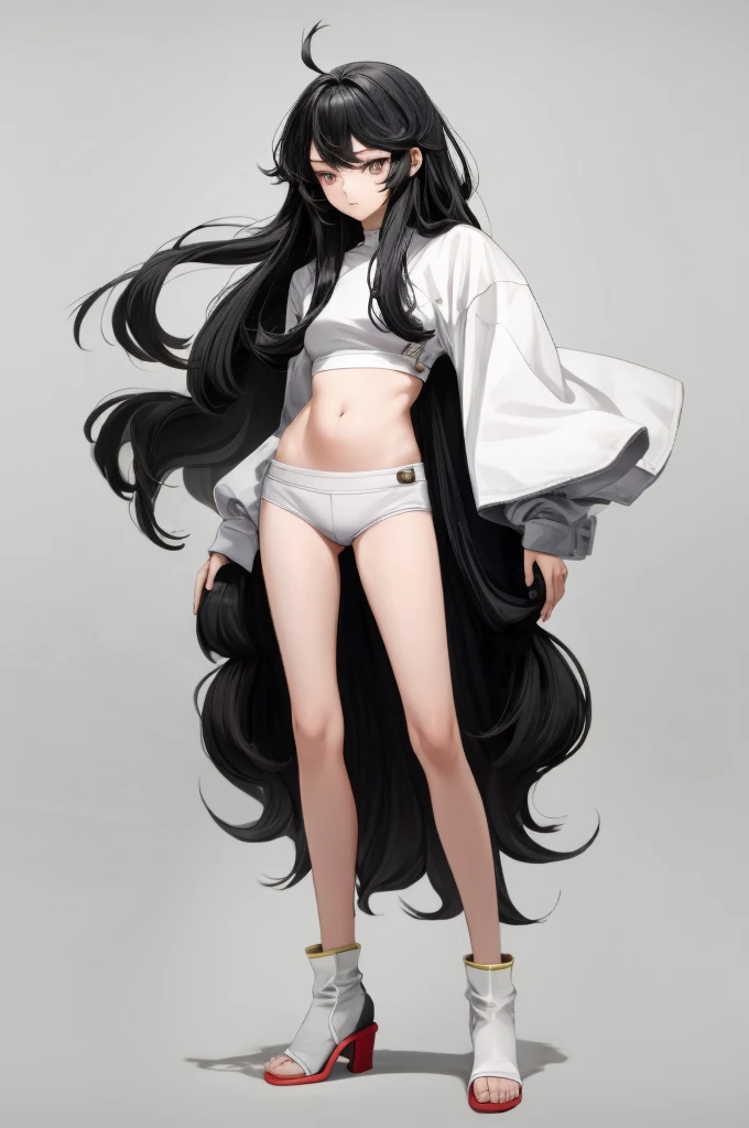 best quality, simple Details, 1 girl, Long hair, black hair, pinke Highlights, White eyes, simple background, full body, Belly-free,