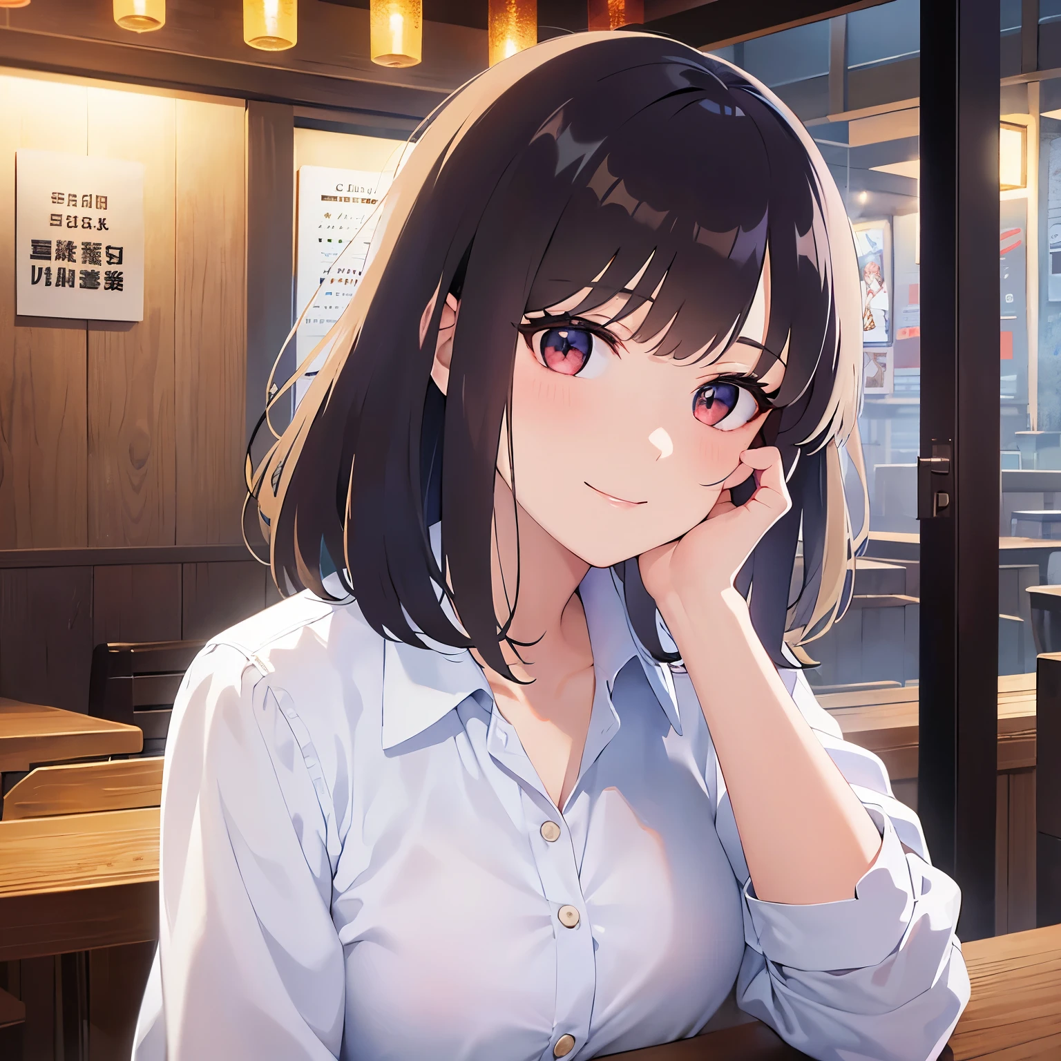 lookin at viewer,upper Body,
Realistic, real person, (pale skin: 1.2), RAW photo, photorealistic, shiny skin, shiny hair、
(A 25-year-old woman with bob hair and bangs:1.5) and (wavy hair) and (brown hair) and (Orange Eyes)、(business suit:1.5)and (Wearing a white collared shirt)、
blush,smile,The background is the interior of an izakaya at night.、Sitting,Drinking beer