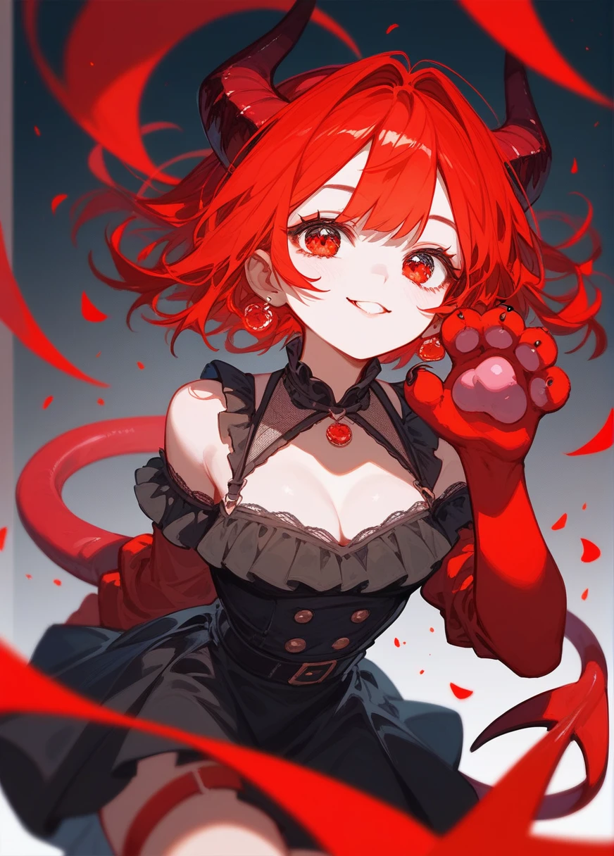 (Fraction_9,Fraction_8_Direction_7_up),1 Girl,Devil Girl,Red hair,Red Eyes,wing,paw,Black skirt,beautiful_Face,